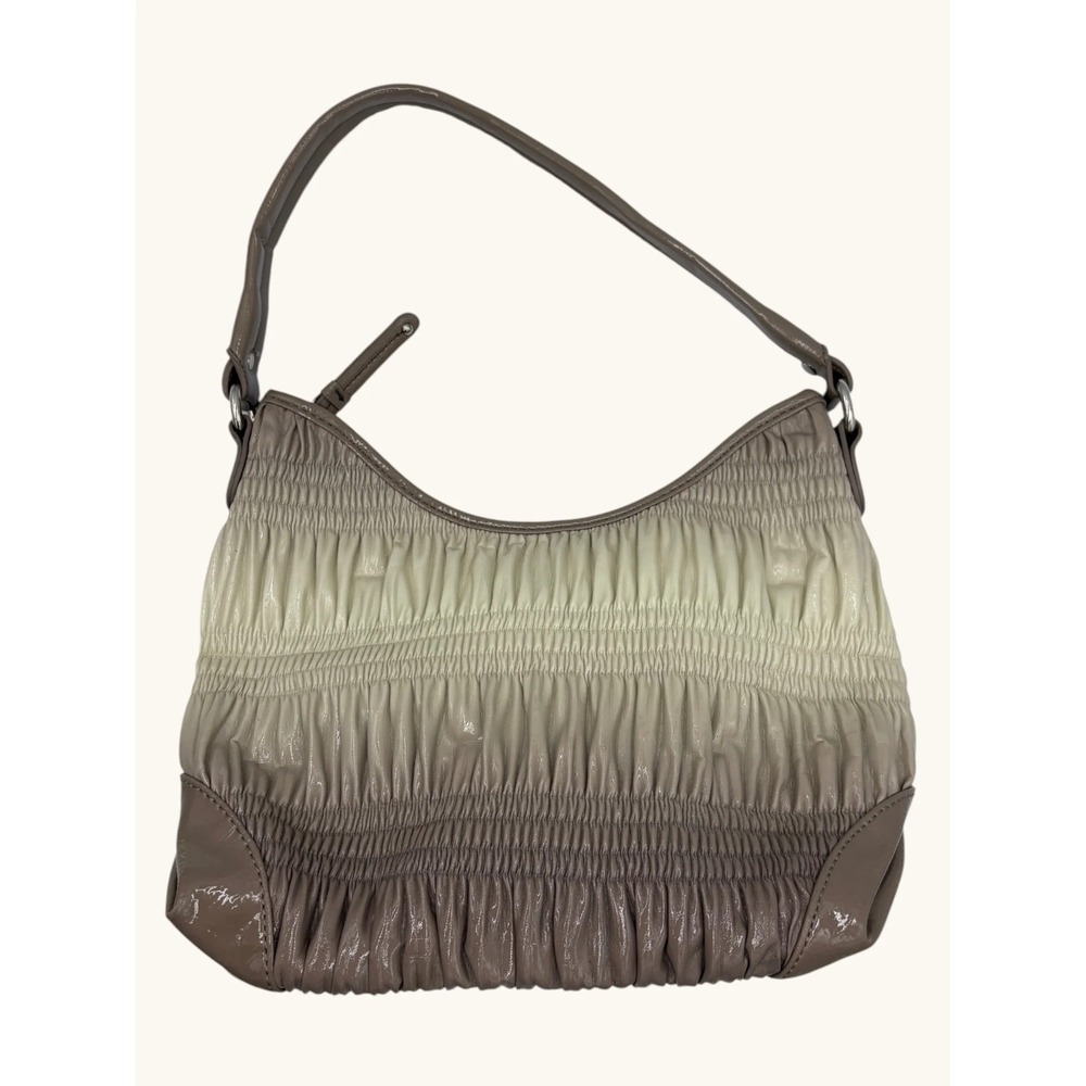 Nine West Ruched Ombre Hobo Bag Taupe Cream Patent Trim Magenta Lining Shoulder